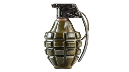 PNG of A detailed view of a green hand grenade against a neutral background, showcasing its unique texture and design.