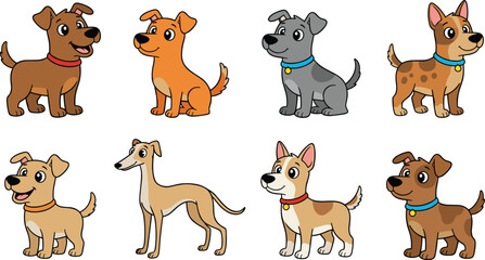 A charming collection of eight colorful, happy cartoon puppies and dogs of various breeds and colors, vector illustration on a white background.