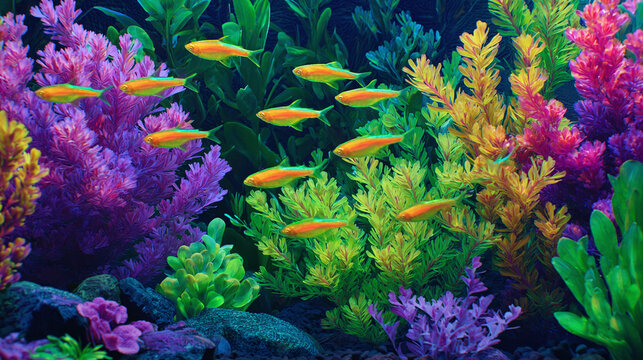 A vibrant scene of small, golden fish swimming amongst colorful aquatic plants