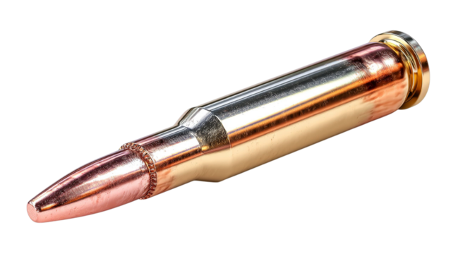 PNG of A close-up of a glimmering metallic bullet showcasing its sharp design and intricate details.