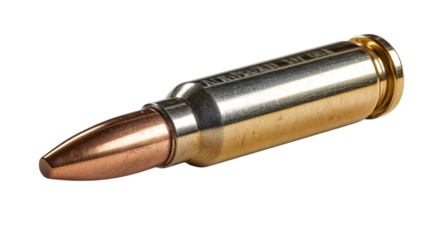 PNG of Close-up of a metallic bullet showcasing a copper tip and brass casing, symbolizing precision and power.