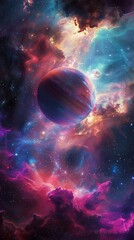 Vibrant celestial body shines amidst colorful cosmic clouds and distant starlight