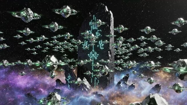 Alien Armada Orbiting an Obelisk of Power