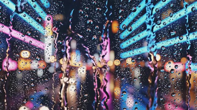 Cinematic close up slow motion shot of bright neon reflections streaking across a dark, wet window pane during rainfall purple light, abstract city, dark wet window pane