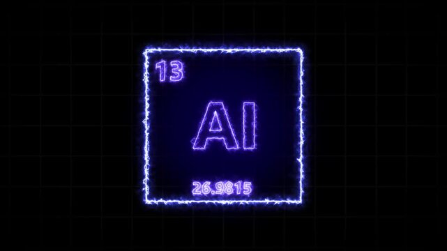 Aluminium - periodic table element symbol hologram, chemical element Periodic Table, atomic weight element number ,glowing on black background in 4K.