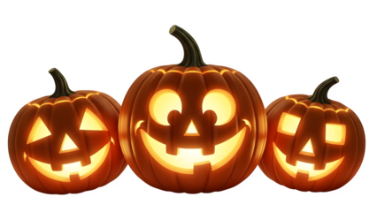 Three glowing jack o lanterns on black background for halloween celebration