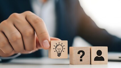 Business strategy businessman connecting idea and question blocks for solutions