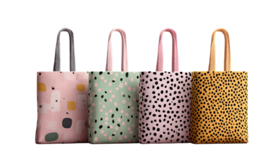 Four patterned tote bags in a row on transparent background