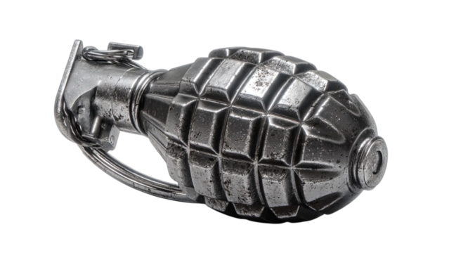 PNG of A close-up of a detailed, metallic hand grenade showcasing its textured surface and classic design.