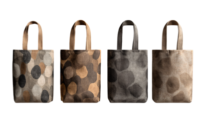 Four patterned tote bags on transparent background
