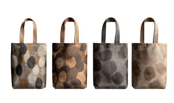 Four patterned tote bags on transparent background
