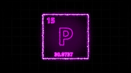 Phosphorus - periodic table element symbol hologram, chemical element Periodic Table, atomic weight element number ,glowing on black background in 4K.By Firoz_Stock