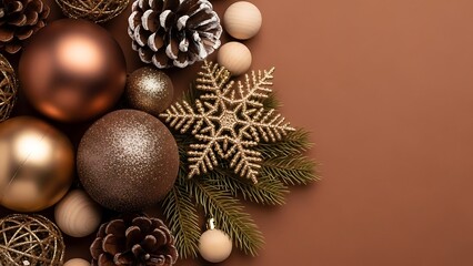 Elegant christmas ornaments and pinecones arranged on a warm brown background with copy space