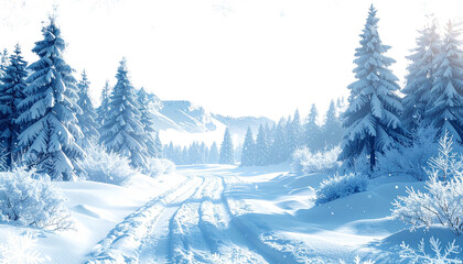 Fototapeta premium Snow-covered winter landscape with trees. Perfect for seasonal designs, holiday projects, nature backgrounds, winter scenes, and digital creative artwork.