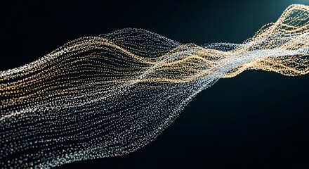 Abstract digital art depicting flowing particles with a gradient of colors against a dark background.