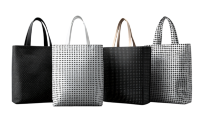 Four stylish tote bags with unique dot patterns on transparent background