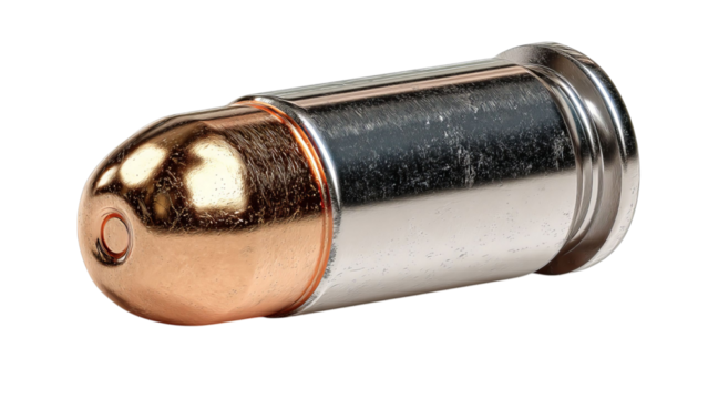 PNG of Close-up of a polished bullet cartridge, showcasing its metallic finish and detailed craftsmanship.