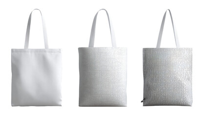 Three white tote bags displayed on transparent background
