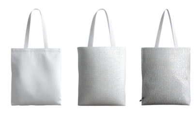 Three white tote bags displayed on transparent background