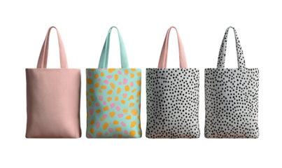 Four stylish tote bags with unique patterns design on transparent background