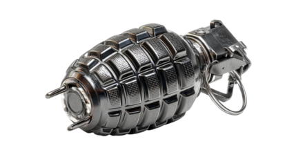 PNG of A detailed view of a hand grenade, showcasing its metallic surface and safety pin mechanism.