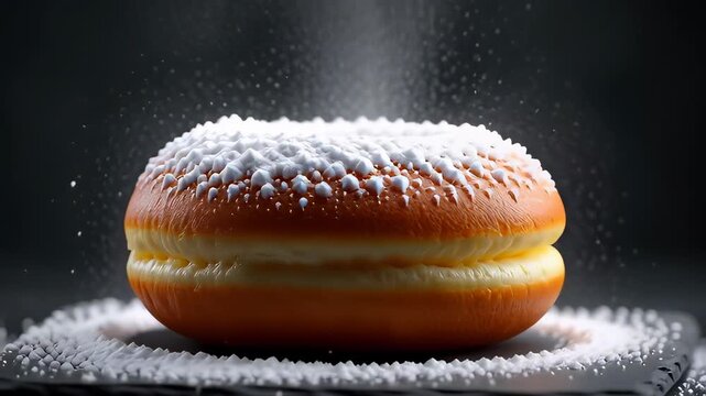 White powdered sugar falling onto a golden baked donut on a dark background in a cinematic food animation, illustrating sweet dessert preparation