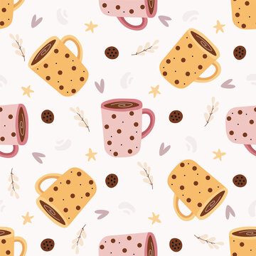 Cozy Coffee Mugs and Beans Seamless Pattern, vector illustration