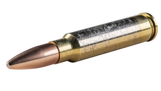 PNG of Close-up of a 7.62mm rifle cartridge, showcasing its metallic casing and pointed bullet tip, representing modern ammunition.