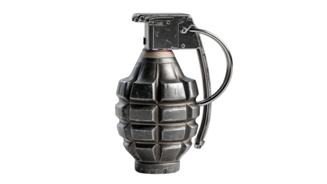 PNG of A detailed view of a hand grenade, showcasing its metallic texture and safety lever, set against a neutral background. - Powered by Adobe