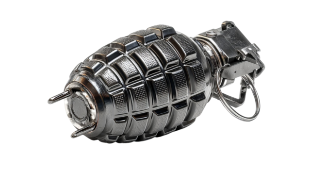 PNG of A detailed view of a hand grenade, showcasing its metallic surface and safety pin mechanism.