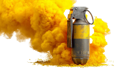PNG of A yellow smoke bomb explodes around a vintage grenade, creating a dramatic and dynamic visual effect.