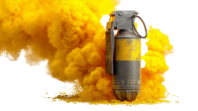 PNG of A yellow smoke bomb explodes around a vintage grenade, creating a dramatic and dynamic visual effect.