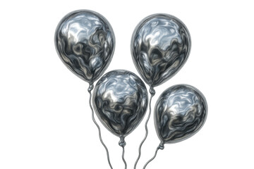 Silver chrome balloons floating with swirling metallic reflections, celebrating party and festive events on transparent background