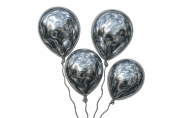 Silver chrome balloons floating with swirling metallic reflections, celebrating party and festive events on transparent background