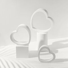 Creative composition made of heart shaped figures and geometric podiums. Valentine day and romance concept. Minimal style. Color of the year 2026 inspired