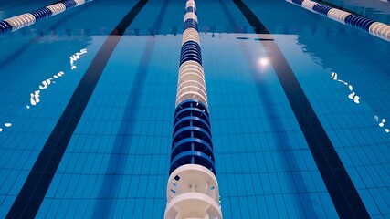 Symmetric view of empty swimming pool lap lanes with red and white divider ropes floating on bright blue water, emphasizing sports competition and fitness concepts