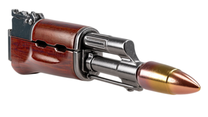 PNG of A detailed view of a futuristic metallic weapon with a wooden finish, showcasing intricate design and vibrant colors.