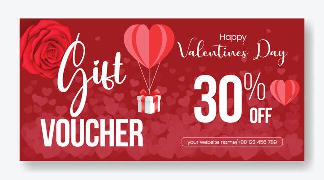 Romantic Valentine’s Day gift voucher discount coupon gift card reward giveaway template design with 3D heart graphics and stylish marketing vector illustration background horizontal sale web banner