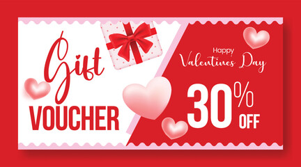 Modern Valentine’s Day gift voucher discount coupon gift card reward giveaway vector illustration background with 3D heart shapes and elegant horizontal sale web banner template design