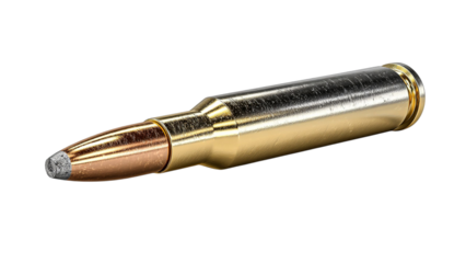 PNG of A close-up of a shiny bullet cartridge with a brass case and polished lead tip, symbolizing precision and power.