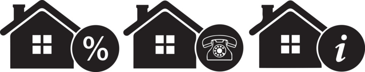 House icons with percentage phone and information symbols on white background home
