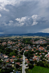 Aerial drone view of Paczkow. A city in the Opole province, in Nysa county, urban rural commune of Paczkow. Panorama of the city of Paczkow and Paczkowski Reservoir from a drone flight
