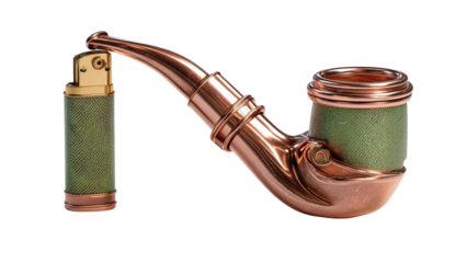 PNG of A stylish copper and green smoking pipe beside a matching lighter, showcasing a unique design and craftsmanship.