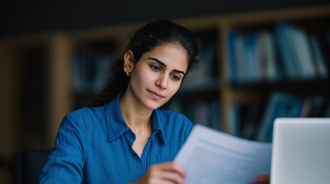 Young Woman Reading Documents in Library with Laptop Nearby - Powered by Adobe