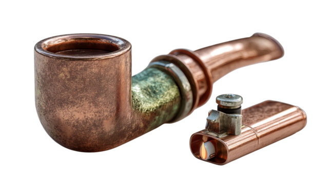 PNG of A close-up of a vintage copper pipe and lighter, showcasing intricate details and a rustic aesthetic.