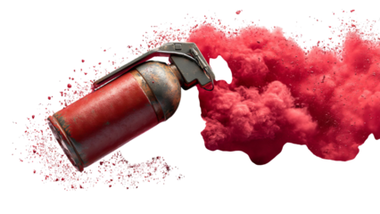 PNG of A vibrant red fire extinguisher releasing a cloud of powder, symbolizing safety and emergency preparedness.