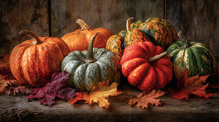 A collection of vibrant pumpkins and autumn leaves, evoking the warmth of fall