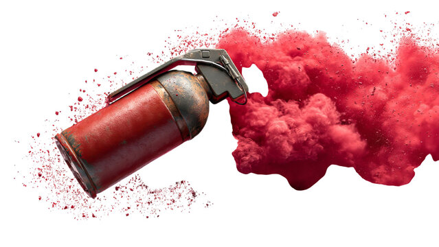 PNG of A vibrant red fire extinguisher releasing a cloud of powder, symbolizing safety and emergency preparedness.