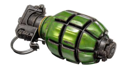 PNG of A detailed view of a classic green hand grenade, showing its textured surface and metallic components.