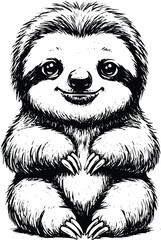 Naklejka premium Cute smiling baby sloth in black and white hand-drawn style art